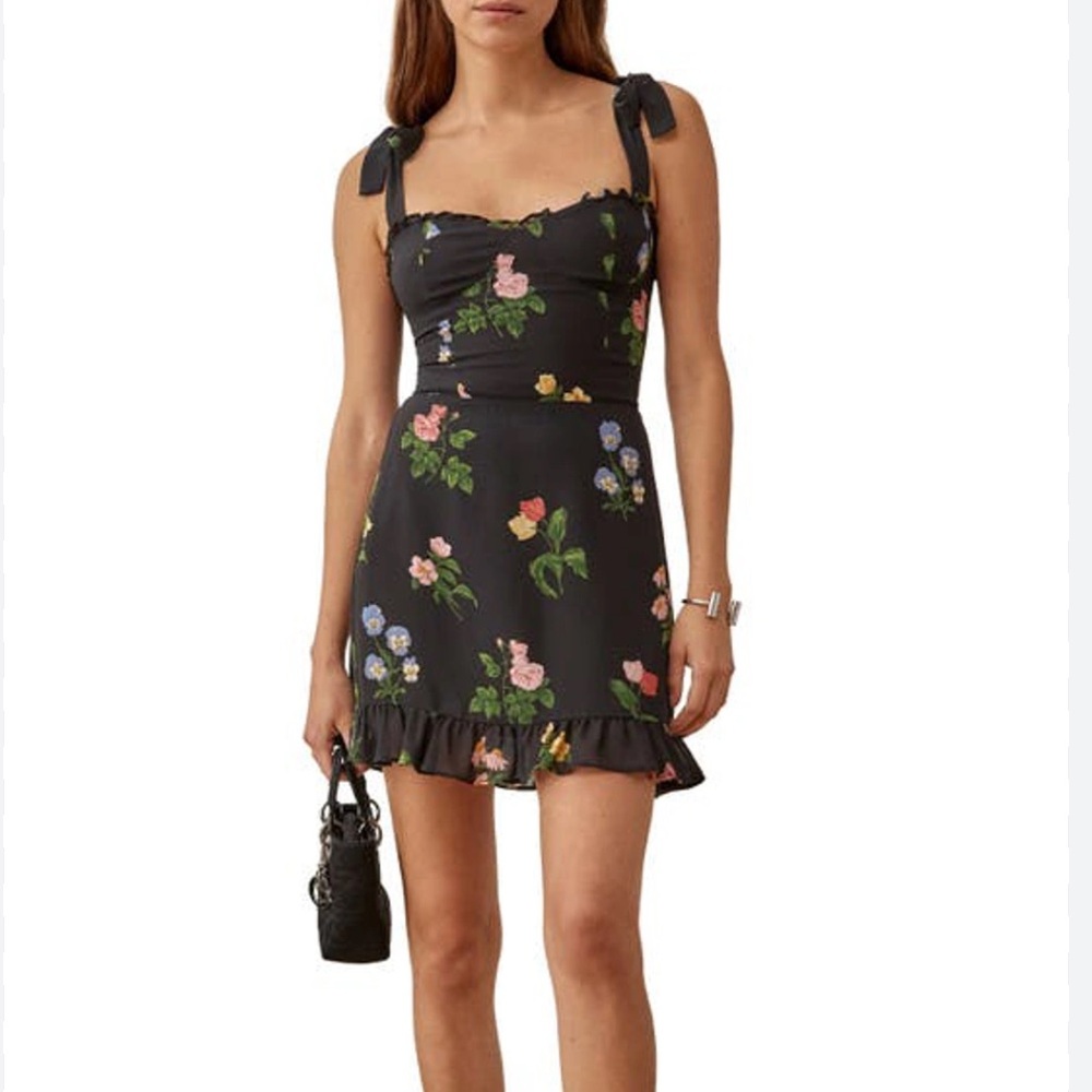 Reformation Christine Ruffle Mini Dress Floral Black  sweatheart 12 Strap ties